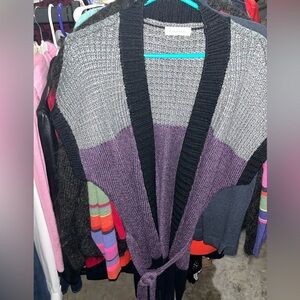 Calvin Klein Purple, Gray and Black Open Front Belted Cardigan